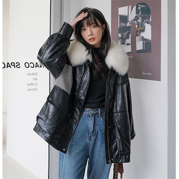 women's leather & faux winter parker cotton jacket female fur liner plus velvet plaid stitching coat, Black 
women's leather & faux winter parker cotton jacket female fur liner plus velvet plaid stitching coat, Black