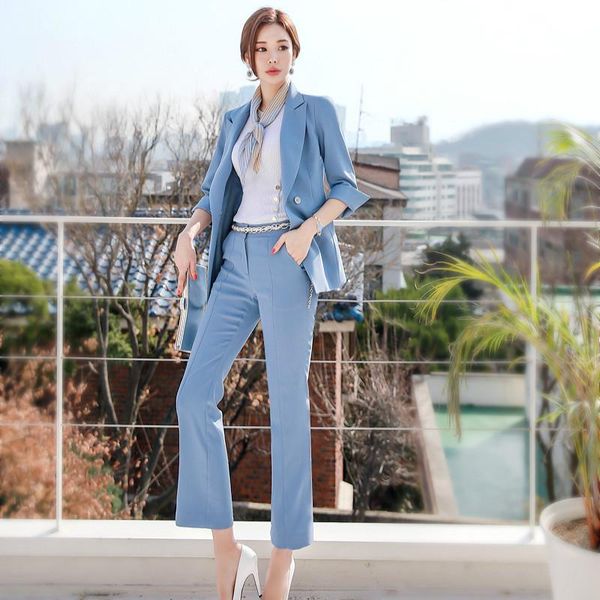 women's suit 2021 autumn thin fashion slim blue nine pants temperament wild two-piece two piece, White
women's suit 2021 autumn thin fashion slim blue nine pants temperament wild two-piece two piece, White