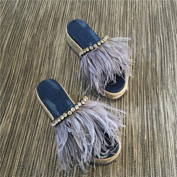 summer blue feather fringe women fashion dark denim sandals open toe luxury crystal ladies platform slides braid bottom, Black
summer blue feather fringe women fashion dark denim sandals open toe luxury crystal ladies platform slides braid bottom, Black