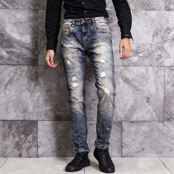 men's jeans fashion streetwear men elastic slim fit destroyed ripped autumn ly retro wash vintage designer pants sgdx, Blue
men's jeans fashion streetwear men elastic slim fit destroyed ripped autumn ly retro wash vintage designer pants sgdx, Blue