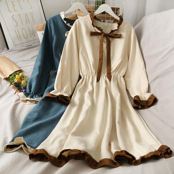 autumn bow tie with vintage curl dress high waist female color matching midi flared sleeves large swing vestidos casual dresses, Black;gray
autumn bow tie with vintage curl dress high waist female color matching midi flared sleeves large swing vestidos casual dresses, Black;gray