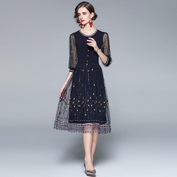 casual dresses knitted mesh dress female elegant embroidery blue gauze patchwork o neck 3/4 lantern sleeve midi party s69977, Black;gray
casual dresses knitted mesh dress female elegant embroidery blue gauze patchwork o neck 3/4 lantern sleeve midi party s69977, Black;gray