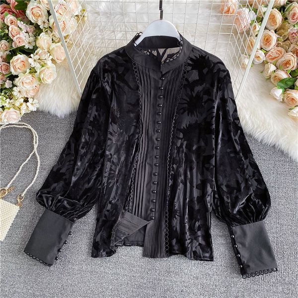 sweaters autumn vintage single breasted velvet shirt women black/white stand collar lantern long sleeve blouse female elegant, White;black
sweaters autumn vintage single breasted velvet shirt women black/white stand collar lantern long sleeve blouse female elegant, White;black