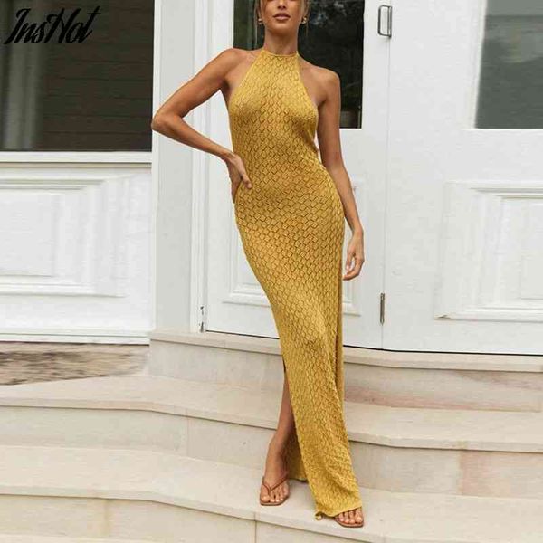 sleeveless halter backless maxi dress women knitted see through beachwear summer holiday long split dresses 210514, Black;gray
sleeveless halter backless maxi dress women knitted see through beachwear summer holiday long split dresses 210514, Black;gray