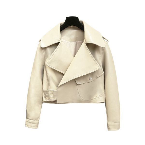 women outwear jacket pocket beige black pu faux leather notch collar moto mobike solid c0258 210514
women outwear jacket pocket beige black pu faux leather notch collar moto mobike solid c0258 210514