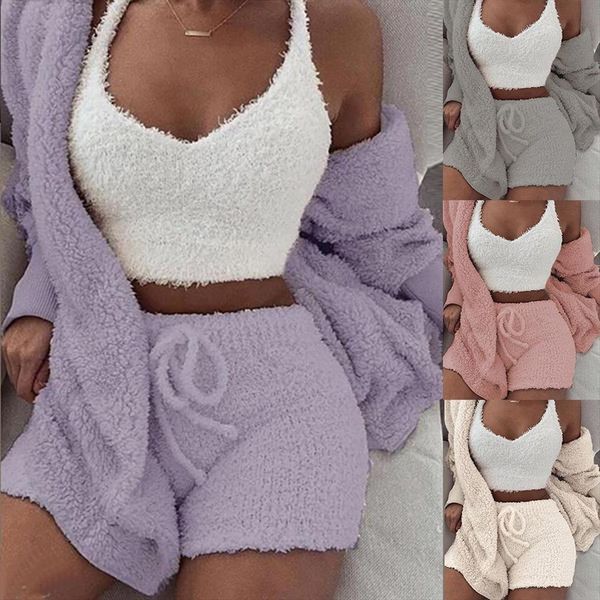 winter pajamas 3pcs set womenpant fluffy plush warm hood cardigan coat shorts crop tracksuit outfit clothing, White
winter pajamas 3pcs set womenpant fluffy plush warm hood cardigan coat shorts crop tracksuit outfit clothing, White