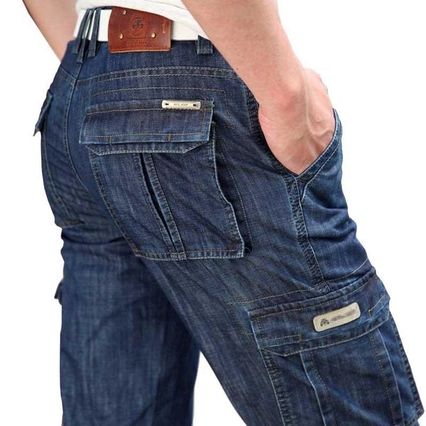 trendy fashion military jeans denim cargo pants men cotton loose baggy pockets straight trousers plus size man bottoms clothing men's, Blue