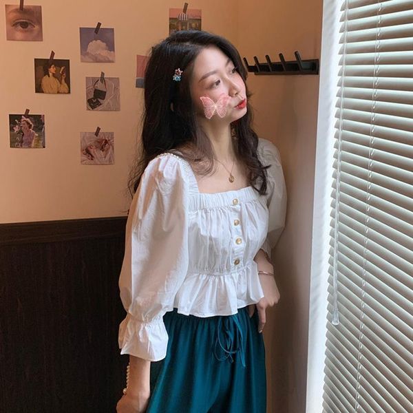 women's t-shirt summer french style square collar slimming western pleated bubble long sleeve shirt clothing, White
women's t-shirt summer french style square collar slimming western pleated bubble long sleeve shirt clothing, White