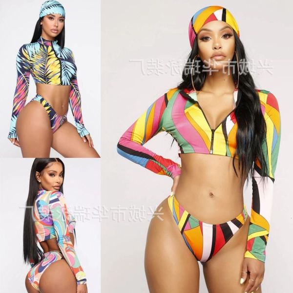 split high waist printed zipper three piece bikini multi color swimsuit for women, White;black
split high waist printed zipper three piece bikini multi color swimsuit for women, White;black