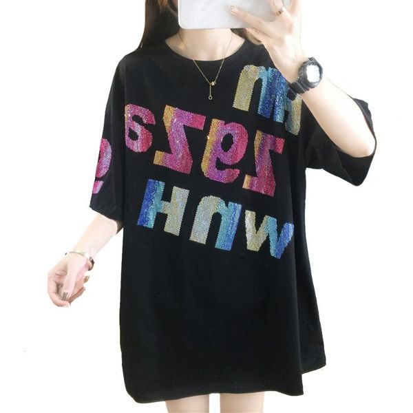 women's t-shirt summer fashion women black t shirt color diamond letters harajuku short sleeve round neck loose tees, White
women's t-shirt summer fashion women black t shirt color diamond letters harajuku short sleeve round neck loose tees, White