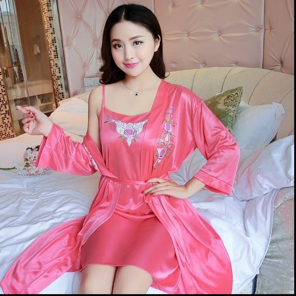 nightdress summer thin ice womens sleepwears silk 2pcs home service strap mini dress short sleeved robe sets female nightgown, Black;red
nightdress summer thin ice womens sleepwears silk 2pcs home service strap mini dress short sleeved robe sets female nightgown, Black;red