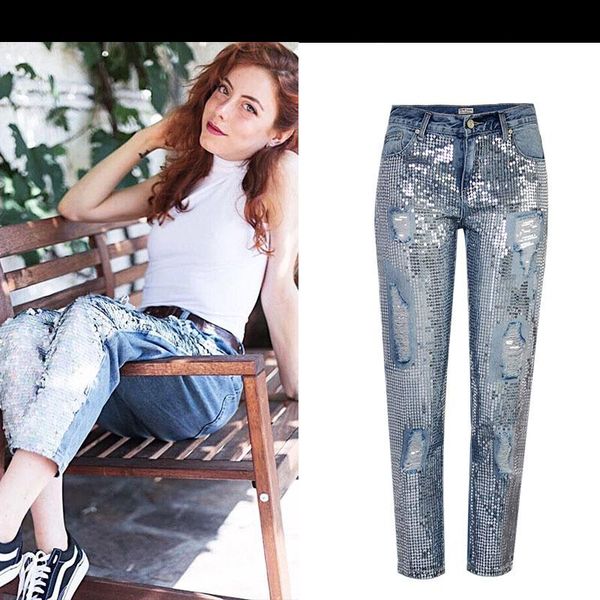 women's jeans 2021 autumn winter waist loose straight nine women super metal color embroidered beads ripped for k185, Blue
women's jeans 2021 autumn winter waist loose straight nine women super metal color embroidered beads ripped for k185, Blue
