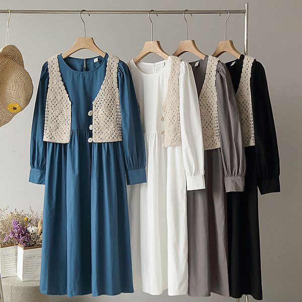 mozuleva korean female style solid color around the neck back long sleeve buckle dress + crochet joint vest, Black;gray
mozuleva korean female style solid color around the neck back long sleeve buckle dress + crochet joint vest, Black;gray