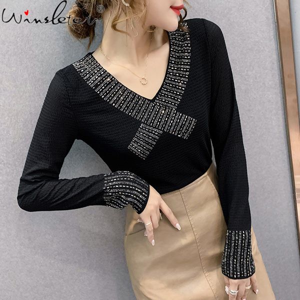 women's t-shirt spring fall korean style girls fashion v-neck diamonds beads patchwork elastic women long sleeve tees t1, White
women's t-shirt spring fall korean style girls fashion v-neck diamonds beads patchwork elastic women long sleeve tees t1, White