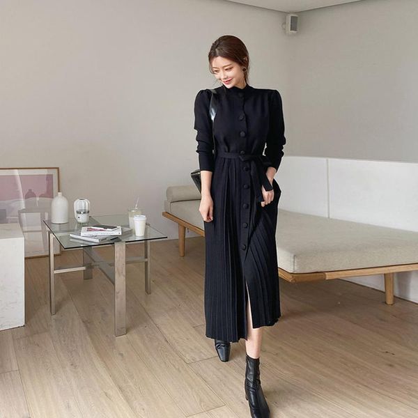 casual dresses solid black knitted for women single breasted o neck long sleeve female maxi dress bangdage sash high waist vestido, Black;gray
casual dresses solid black knitted for women single breasted o neck long sleeve female maxi dress bangdage sash high waist vestido, Black;gray