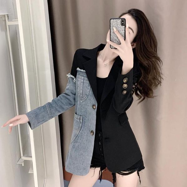 women's suits & blazers women vintage denim spliced blazer winter irregular coat long sleeve korean outerwear notched loose single brea, White;black
women's suits & blazers women vintage denim spliced blazer winter irregular coat long sleeve korean outerwear notched loose single brea, White;black