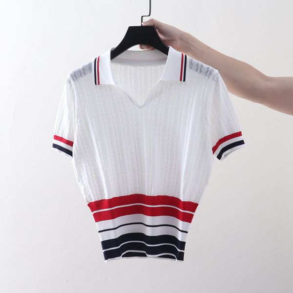 t shirt 2021 summer british style slim tricolor striped polo neck ice silk short sleeve sweater women's pullover top, White
t shirt 2021 summer british style slim tricolor striped polo neck ice silk short sleeve sweater women's pullover top, White