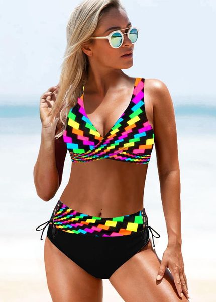 women's swimwear 2021 split large size high waist rainbow striped multicolor bikini bathing suit women, White;black
women's swimwear 2021 split large size high waist rainbow striped multicolor bikini bathing suit women, White;black