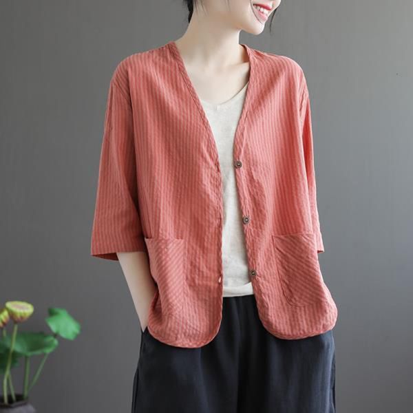shirts female summer arts style half sleeve striped double pocket linen cotton with cleavage v vintage blouse femme m152, White
shirts female summer arts style half sleeve striped double pocket linen cotton with cleavage v vintage blouse femme m152, White