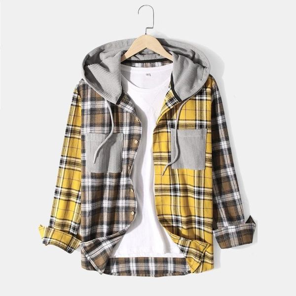 men's casual shirts long-sleeved stitching plaid corduroy shirt spring and autumn hooded jacket streetwear retro, White;black
men's casual shirts long-sleeved stitching plaid corduroy shirt spring and autumn hooded jacket streetwear retro, White;black