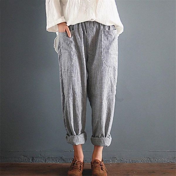 women's pants & capris viianles pockets loose striped cotton linen long harem women elastic waist trouser overalls casual trousers, Black;white
women's pants & capris viianles pockets loose striped cotton linen long harem women elastic waist trouser overalls casual trousers, Black;white