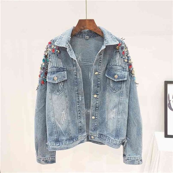 woman denim jacket diamond gem embroidery long sleeve vintage chic fashion coat female blue 210603, Black;brown 
woman denim jacket diamond gem embroidery long sleeve vintage chic fashion coat female blue 210603, Black;brown