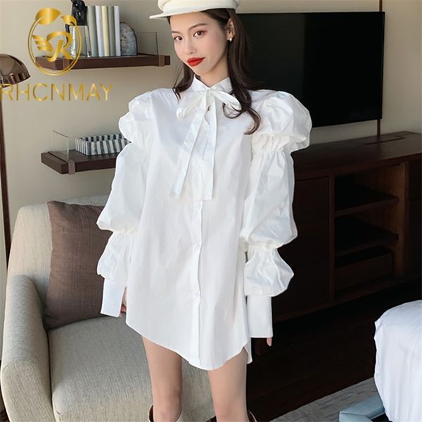 korean loose style office shirt summer women white long lantern sleeve bow casual lapel collar femme dress 210506
korean loose style office shirt summer women white long lantern sleeve bow casual lapel collar femme dress 210506