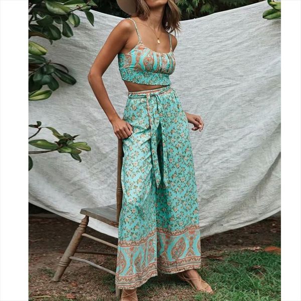 two pieces set boho cotton women tracksuits green floral wide leg pants strap crop beach vintage casual suit, Gray
two pieces set boho cotton women tracksuits green floral wide leg pants strap crop beach vintage casual suit, Gray