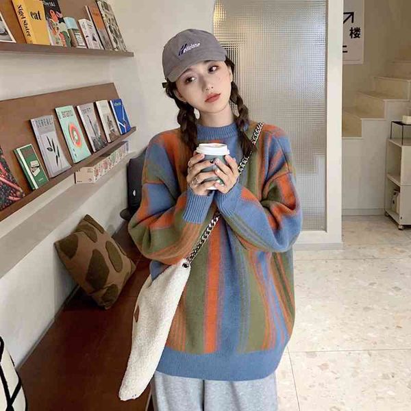 werueruyu autumn winter women sweater knitted striped pullovers casual fashionable wild ladies knitwear jumpers 210608, White;black
werueruyu autumn winter women sweater knitted striped pullovers casual fashionable wild ladies knitwear jumpers 210608, White;black
