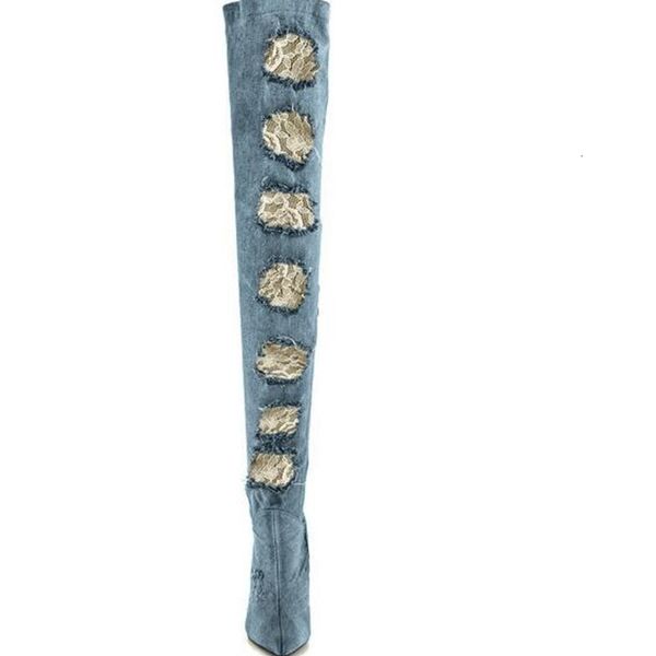 boot younger woman blue lace jeans cut-outs on the knee high-heeled pants high-thigh boots, Black
boot younger woman blue lace jeans cut-outs on the knee high-heeled pants high-thigh boots, Black