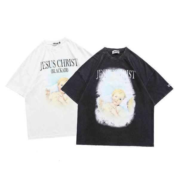 fashion t shirt 2021 summer high street angel print used wash short sleeve men's and women's loose half tee, White;black
fashion t shirt 2021 summer high street angel print used wash short sleeve men's and women's loose half tee, White;black