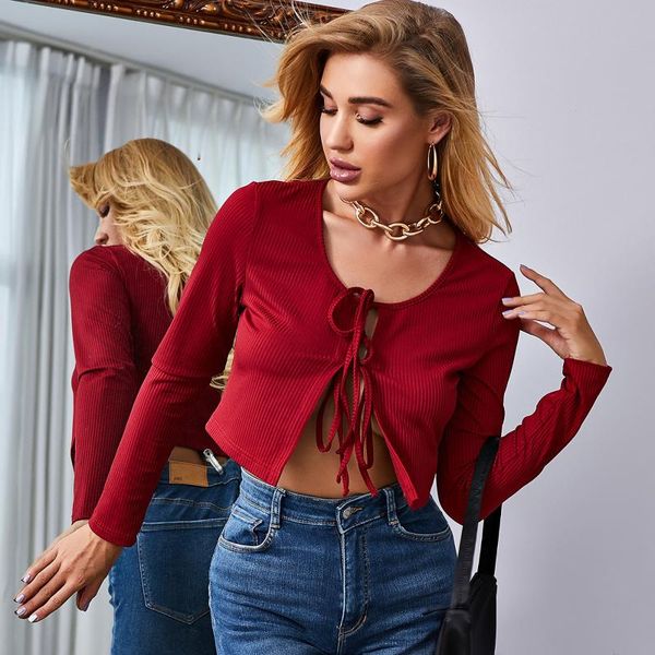 women's t-shirt 2021 fashion solid color lacing-up long sleeve round neck short bottoming shirt knitted fabric tripes, White
women's t-shirt 2021 fashion solid color lacing-up long sleeve round neck short bottoming shirt knitted fabric tripes, White