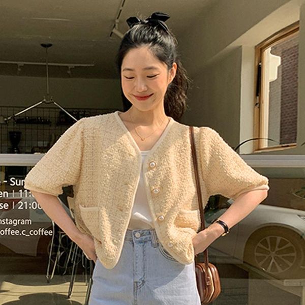 women's jackets pearls buttons summer plaid tweed coat women v-neck short sleeve elegant vintage outwear pockets korean chic c665, Black;brown
women's jackets pearls buttons summer plaid tweed coat women v-neck short sleeve elegant vintage outwear pockets korean chic c665, Black;brown