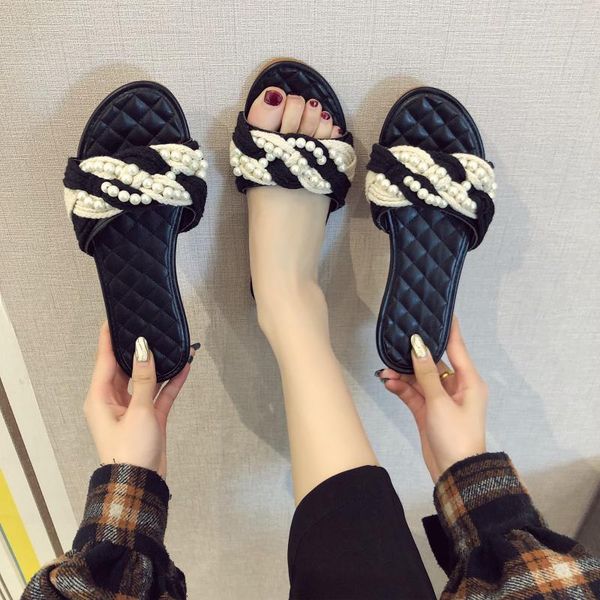 slippers women's shoes white artificial pearl braided strap embellished jute flat sandal with fairy shoe one-line, Black
slippers women's shoes white artificial pearl braided strap embellished jute flat sandal with fairy shoe one-line, Black