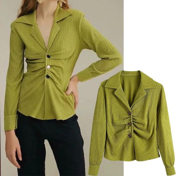 spring and summer women's lapel v-neck pleated design shirt green long-sleeved waist was thin t-shirt, White
spring and summer women's lapel v-neck pleated design shirt green long-sleeved waist was thin t-shirt, White