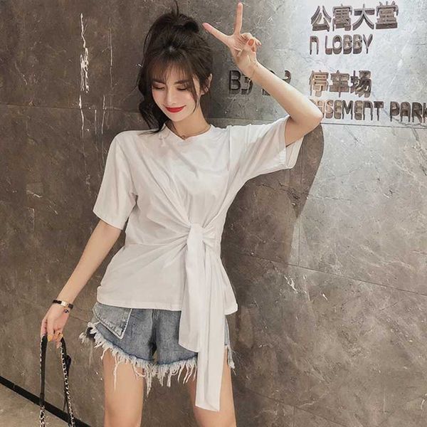 summer solid color short sleeve women tee shirts bow bandage high waist tshirt korean slim fit cotton t-shirt black white 210529
summer solid color short sleeve women tee shirts bow bandage high waist tshirt korean slim fit cotton t-shirt black white 210529