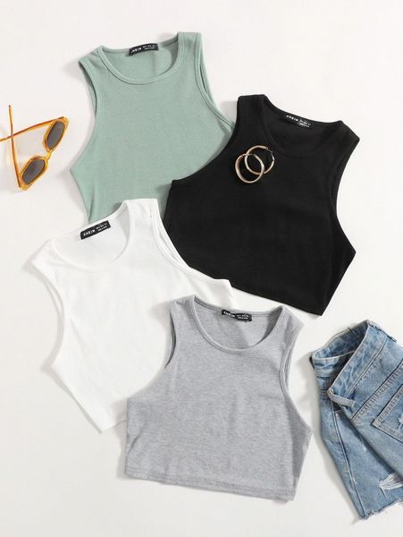 4pcs rib-knit crop tank x8ln#, White