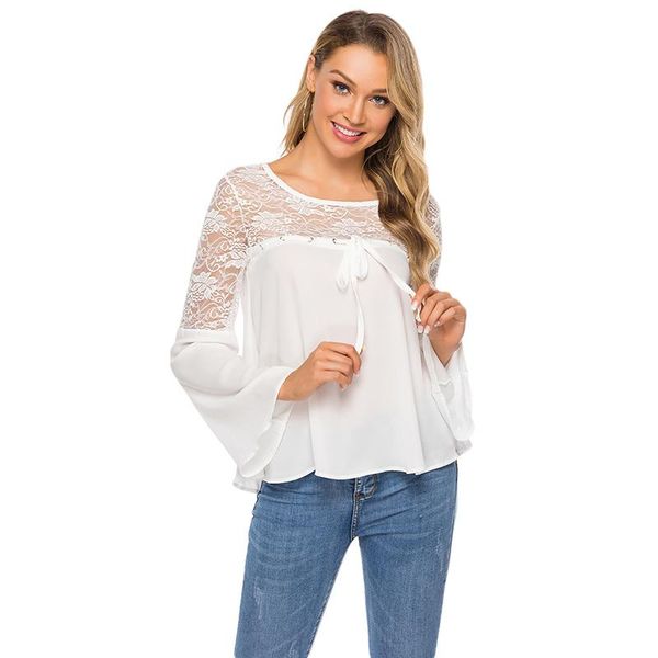 women's t-shirt spring summer fashion lace flare sleeve o neck patchwork backless drawstring women t shirt hollow out, White
women's t-shirt spring summer fashion lace flare sleeve o neck patchwork backless drawstring women t shirt hollow out, White