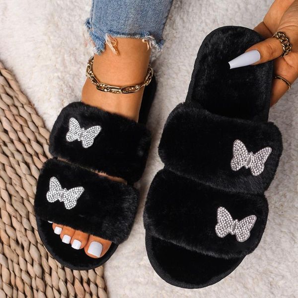 slippers women house rhinestone butterfly decor fluffy double strap open toe furry slides flat heel winter warm shoes, Black
slippers women house rhinestone butterfly decor fluffy double strap open toe furry slides flat heel winter warm shoes, Black
