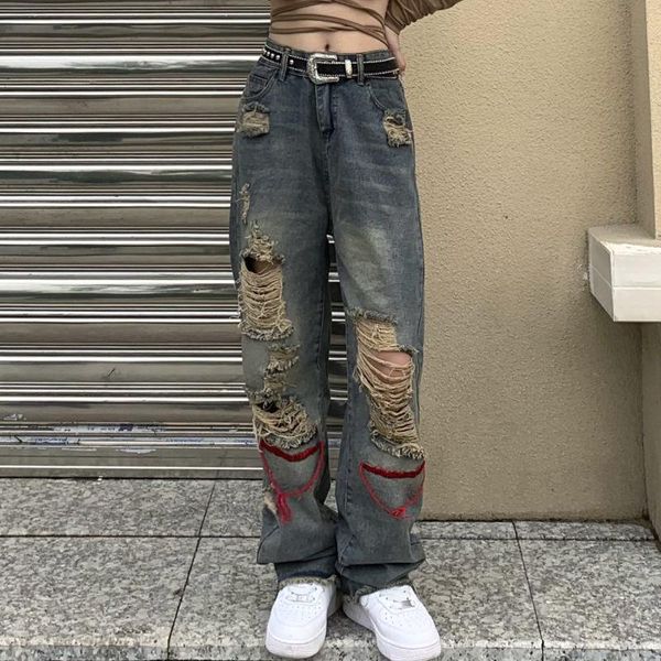 women's jeans high street retro hip hop autumn ripped loose straight leg pants, Blue
women's jeans high street retro hip hop autumn ripped loose straight leg pants, Blue