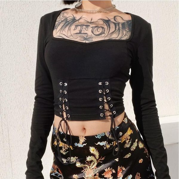 women's t-shirt women black square collar t shirt cropped bandage hollow out long sleeve tshirt high street tee femme crop top, White
women's t-shirt women black square collar t shirt cropped bandage hollow out long sleeve tshirt high street tee femme crop top, White