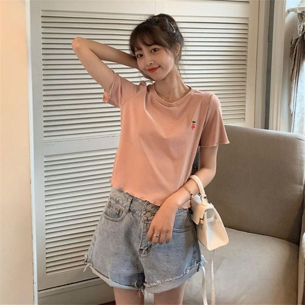 short t-shirt women's summer embroidered cherry korean style preppy sleeve student crew neck loose half slimm, White
short t-shirt women's summer embroidered cherry korean style preppy sleeve student crew neck loose half slimm, White