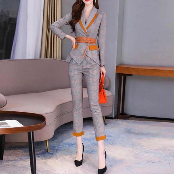 women's two piece pants casual suit set 2021 spring elegant ladies plaid blazer jacket business attire belt, White
women's two piece pants casual suit set 2021 spring elegant ladies plaid blazer jacket business attire belt, White