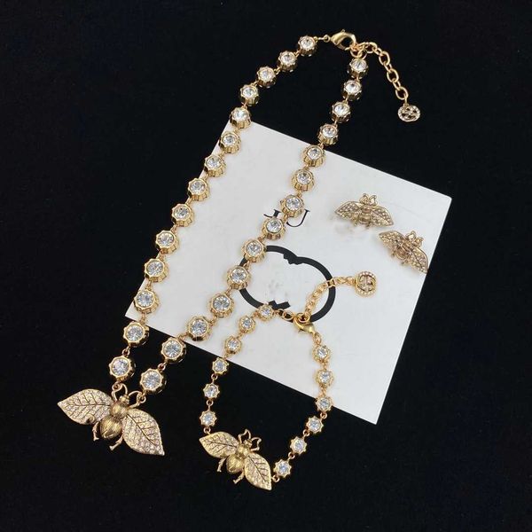 european and american retro letter necklace distressed bee inlaid diamond earrings bracelet clavicle chain set female fast, Silver
