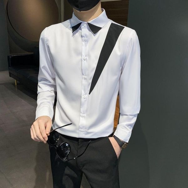 men's casual shirts splicing designer mens brand shirt asian size long sleeved buttons up men dress club party slim fit formal camisas, White;black
men's casual shirts splicing designer mens brand shirt asian size long sleeved buttons up men dress club party slim fit formal camisas, White;black
