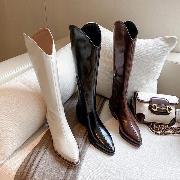 boots white pointed western women's high long with thick knee heels, Black