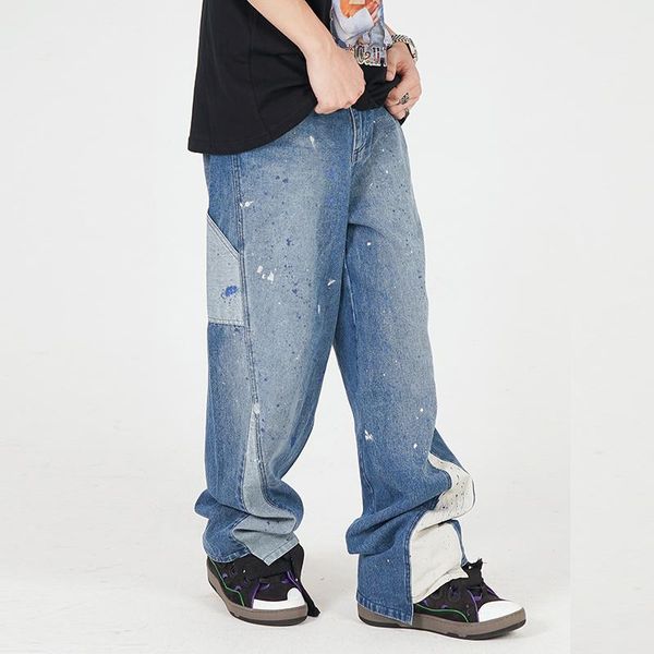 men's jeans ripped hand painted irregular feet straight retro pants men and women color match washed oversize baggy denim trousers, Blue
men's jeans ripped hand painted irregular feet straight retro pants men and women color match washed oversize baggy denim trousers, Blue