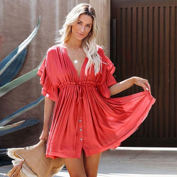 women's swimwear 2021 bikini cover-ups white tunic v-neck butterfly sleeve summer beach wear mini dress plus size women swimsuit cover, White;black
women's swimwear 2021 bikini cover-ups white tunic v-neck butterfly sleeve summer beach wear mini dress plus size women swimsuit cover, White;black