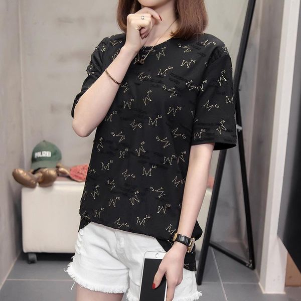 women's t-shirt summer 2021 fashion plush decoration short-sleeved female casual loose plus size gold line letters pattern women, White
women's t-shirt summer 2021 fashion plush decoration short-sleeved female casual loose plus size gold line letters pattern women, White