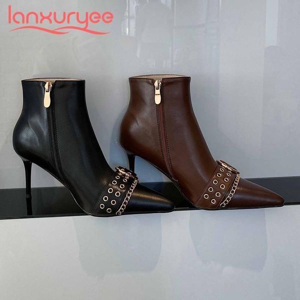 boots lanxuryee high street fashion winter genuine leather buckle chains pointed toe thin heel zipper dress ankle l23, Black
boots lanxuryee high street fashion winter genuine leather buckle chains pointed toe thin heel zipper dress ankle l23, Black
